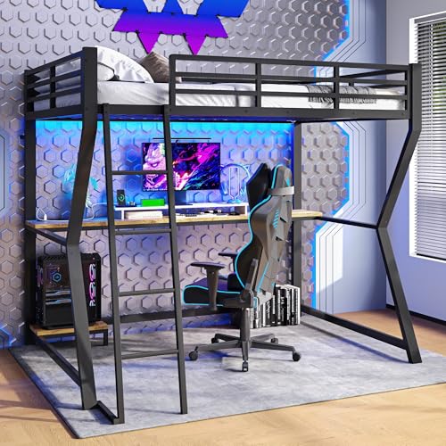 Merax Hochbett mit Schreibtisch 90x200 cm, Kinderbett Stockbett mit fernbedienbarem Ambientelicht, Steckdose + USB, Metallbettgestell mit Sicherheitsgeländer und Leiter für Kinder/Erwachsene, Schwarz