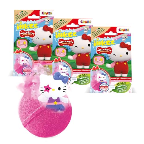 INKEE Hello Kitty 3er Pack - Badebomben Kinder mit Überraschung - 3 von 6 Hello Kitty Figuren zum Sammeln - 3x Badekugeln 80g mit Wassermelone-Aroma und Jojobaöl, Rosa oder Rot
