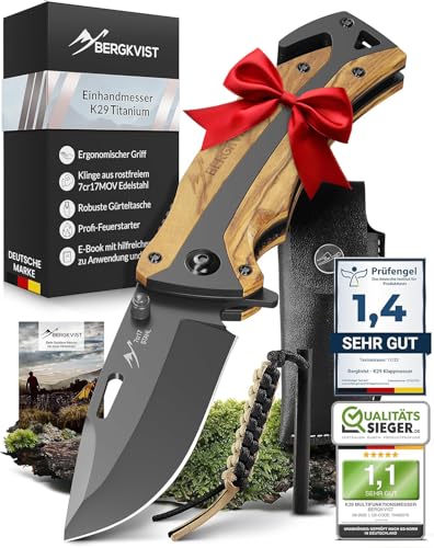 BERGKVIST® K29 Klappmesser Olivenholz (Einhandmesser) - 3-in-1 Outdoor Messer mit Titanium-Veredelung - ausgezeichnet mit dem Bronze A' Design Award - inkl. Feuerstahl & Tasche