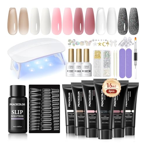 PEACECOLOR Poly Nagelgel Starter Set, 6 Farben Poly Nagelgel mit UV Lampe, Slip Solution, Top Coat, Base Coat, DIY-Salon, für den Heimgebrauch
