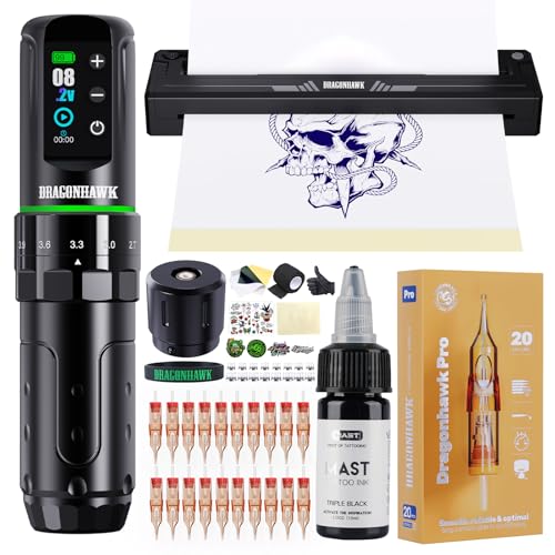 Dragonhawk L3 Tattoo Maschine Set, Kabellose Tätowiermaschine Mit 2.4-4.2mm Hublänge Und 2000mAh Batterien, Stencil Nadeldrucker, 20 Stück Tätowier-Kartuschennadeln Für Anfänger Und Künstler