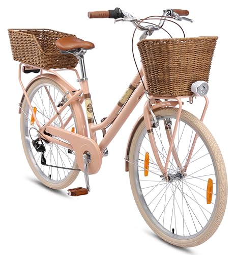 BIKESTAR Alu City Stadt Fahrrad 26 Zoll | 16 Zoll Rahmen, 7 Gang Shimano Damen Rad, Hollandrad Retro Bike mit V-Bremse und Gepäckträger | Berry | Risikofrei Testen