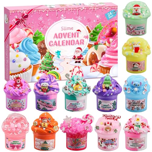 Schleim Adventskalender 2026 für Kinder,24-Tage-Countdown Slime Weihnachtskalender Kinder,12 Stück Weihnachten Überraschungen Geschenk Schleim Kit für 3 4 5 6 7 8 9 10 11 Jahre Jungen Mädchen (Rosa)