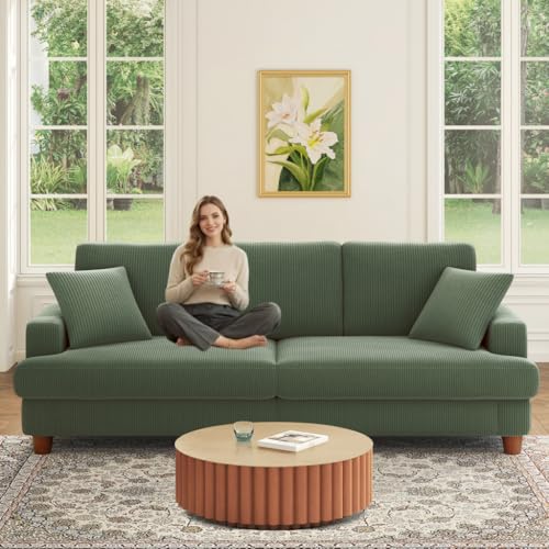 Kidirect Cord Sofa 3 Sitzer, 221CM Bequemes Couch 53CM Extra Tiefe Sitze, Sofa Wohnzimmer Werkzeugfreie Montage, Big Sofa Couch mit 2 Kissen, Modernes Couch fürs Büro, Schlafzimmer Sofas Waldgrün