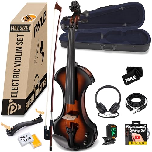 Pyle E Geige, 4/4 Elektrische Violine aus Massivem Holz, Electric Stille Violine in Volle Größe mit Kopfhörer, Extra Saiten Set, Bogen, Audiokabel, Schulterstütze, für Anfänger und Fortgeschrittene