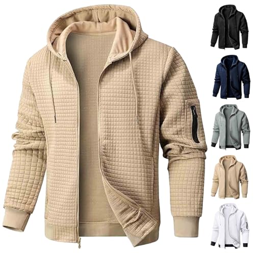 CSHE Strickjacke Herren Casual Einfarbig Kapuzenjacke Langarm Reißverschluss Kapuzenpullover Waffelmuster Hoodie Jacke Herbst und Winter Übergangsjacke