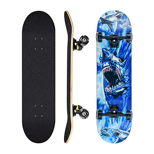 Complete Skateboard, 78,7 x 20,3 cm, 8-Layer Maple, ABEC-11-Beläge, PU-Rädchen, für Kinder, Jugendliche und Erwachsene (blau-Shark)