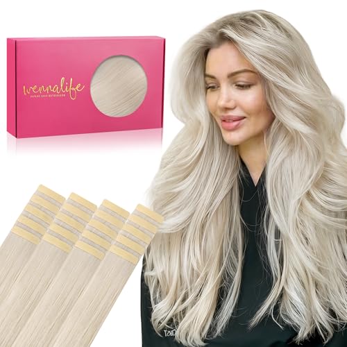 WENNALIFE Tape Extensions Echthaar, 20pcs 50g 35cm 14 Zoll Platinblond Remy Invisible, Seidig Gerade Echthaar Extensions Skin Weft Tape Ins