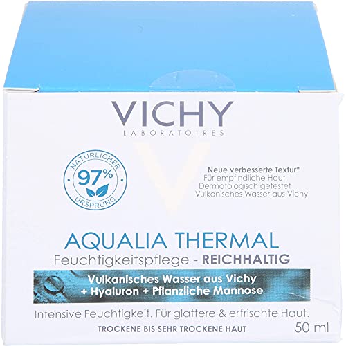 VICHY Reichhaltige Gesichtscreme für trockene bis sehr trockene Haut, Aufpolsternd und beruhigend, 48 Stunden Feuchtigkeit, Mit Hyaluron und pflanzlichem Zucker, Aqualia Thermal, 50 ml