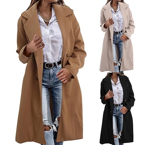 Wollmantel Damen Lang Mantel Elegant mit Reverskragen Zweireihig Vorne Offen Trenchcoat, Warm Wolle Übergangsmantel Herbst Wintermantel Dick Gefüttert Klassischem Outwear Langarm Wollmäntel, Kaffee