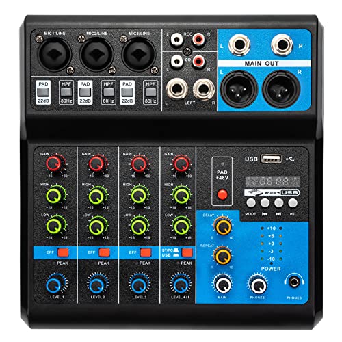 MINRS Mini Audio DJ Mixer Soundboard Console System 5 Kanal Stereo Sound Mischkonsole DJ-Aufnahme-Mixer Soundboard-Mischpult USB Bluetooth MP3 48V Phantomspeisung