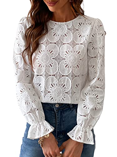 CUPSHE Damen Bluse Blumen Cutout Rundhalsausschnitt Langarm Rüschen Oberteile Casual Shirt Elegant Hemd Tops Weiß L