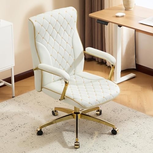 Ckaff Bürostuhl Ergonomisch, PU Leder Chefsessel, Schreibtischstuhl Computerstuhl Drehstuhl mit Hoher Rückenlehne, Gepolsterter Armlehnen und Höhenverstellbar, Neigefunktion, Weiß