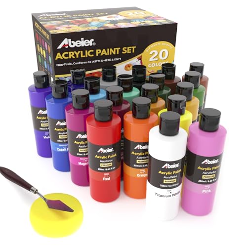ABEIER Acrylfarben Set, 20 Farben (250 ml), mattes Finish, reichhaltige Pigmente, ungiftige Acrylfarbe zum Malen auf Leinwand, Handwerk, Holz, Keramik, ideal für Anfänger und Studenten