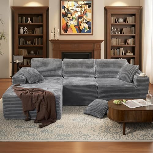 Aivermeil Modulares Ecksofa L Form Cordstoff – Boneless Couch mit Schlaffunktion, Ecksofa mit Liegesessel, 3 Rückenlehnen & 4 Kissen, Keine Montage – Grau