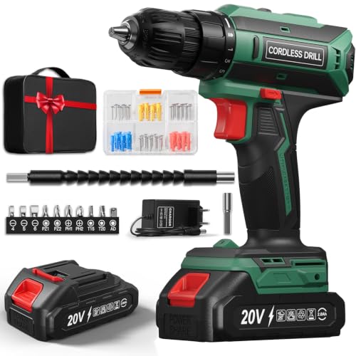 Akkuschrauber mit 2000mAh Akku, 20V Akku Bohrschrauber Set 42Nm Max, 2-Gang Akku-Bohrmaschine, Kompatibel mit Makita Akku, 25+1 Drehmomentstufen, 10mm Bohrfutter, LED-Licht, Für Reparatur und DIY Grün
