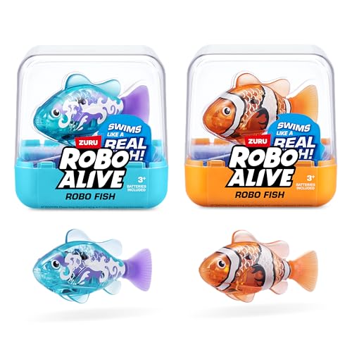 ROBO ALIVE Robo Fish Serie 3 Roboter-Fisch, 2er-Pack, orange und blaugrün, schwimmt in mehrere Richtungen, batteriebetrieben, Spielzeugfisch, Poolspielzeug (2er-Pack, orange und blaugrün)