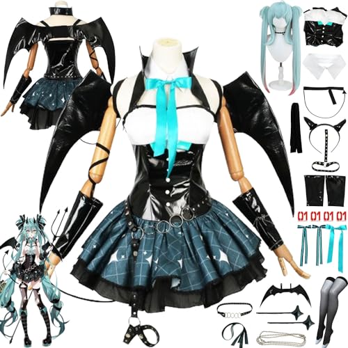 bbganlian Anime Little Devil Miku Cosplay Kostüm Outfit H'atsune M'iku Uniform Komplettes Set Halloween Party Karneval Dress Up Anzug mit Perücke Flügel Sticker für Frauen (XS)