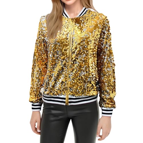 Generisch Pailletten Jacke Damen Glitzer Bomberjacke mit Reißverschluss Bolero Elegant Jacken Festliche Disco Kostüm Casual Pailettenjacke Slim Fit Glitzertop für Rave Party Top Winter Streetwear