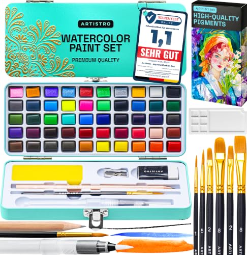 Artistro 50 Aquarellfarben Set – Leuchtende Farben in tragbarer Box inkl. Mischpalette, Metallic und Fluoreszenzfarben Perfektes Reise-Aquarellfarben Set für Künstler, Hobbykünstler