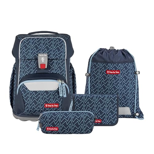 Step by Step Basis Schulranzen-Set „Blue Lines“, 4-teilig, blau, ergonomischer Tornister mit Reflektoren, Hüft- und Brustgurt, für Kinder ab der 1. Klasse, 20 Liter