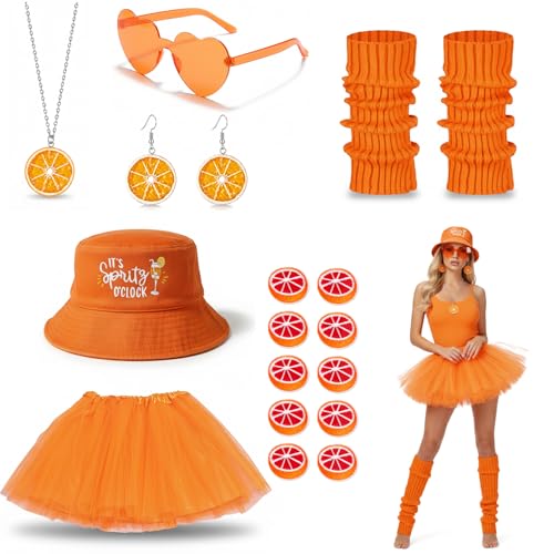 BrKern Aperol Kostüm Damen, Fasching Party Outfit, Aperol Shirt Damens mit Hut und Accessoires, Orange Karnevalskostüm für Damen, Thematische Verkleidung für Mottopartys und Sommerfeste