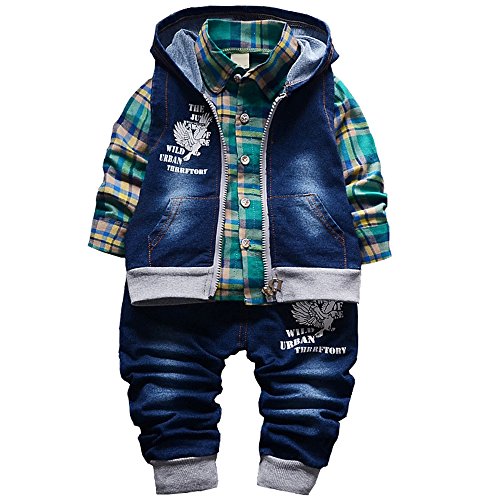 Yao 9M-5J Frühling Herbst Baby Jungen 3-teiliges Kleidungsset Baumwollhemd Jeans und Jeansweste(1-2J, Grün)