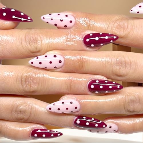 Floruvia 24Pcs Burgundy Pink Polka Dot Press On Nails,Medium Almond Fake Nails,Full Cover Stick On Set Mit Glue Tabs Für Herbst Winter Maniküre(Burgund Rosa)