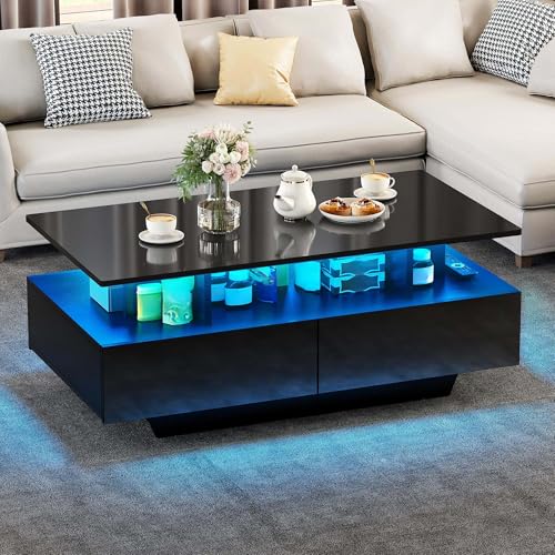 YITAHOME Couchtisch Schwarz, Wohnzimmertisch Hochglanz mit 16-Farbiger LED Beleuchtung Modern, Beistelltisch Schwarz mit Offenem Ausstellungsregal und 4 Ausziehbaren Schubladen 90x55x41,1 cm