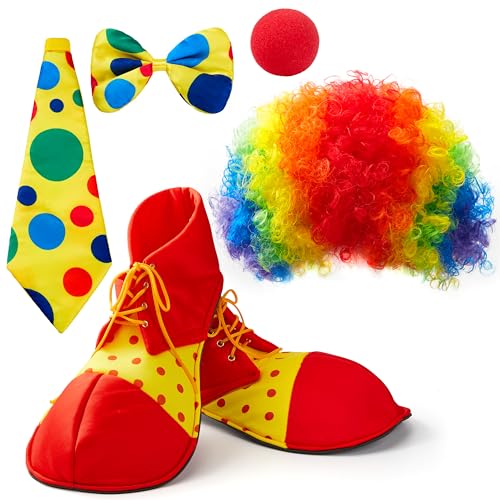 Clown-Kostüm-Set, 6-teilig, Regenbogen-Perücke, Nase, Schleife, Ti und Schuhe, Zubehör für Clown-Partys, ausgefallenes Zirkuskostüm für Kinder, Frauen und Männer, Karneval, Rollenspie
