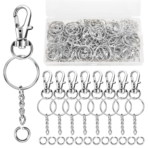 150 Stück Schlüsselanhänger Set 50 Schlüsselring mit Kette 50 Offene Binderinge 50 Karabinerhaken mit Drehgelenk Karabiner Schlüsselanhänger für DIY Kunsthandwerk Schmuck machen(Silber)