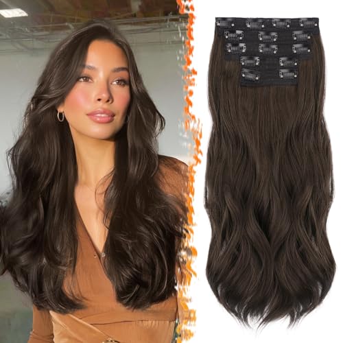 BARSDAR Clip in Haarverlängerungen, 50cm Wellige Clip in Hair Extensions für Frauen 5PCs Voller Kopf Natürliches Synthetisches Haarteil Haarextension - Dunkelbraun