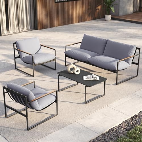 Grand patio Gartenmöbel 4er Set, Balkonmöbel Set 4 Personen mit Kissen, Lounge Möbel Outdoor mit Gartensofa, 2 Sessel, Tisch, Terassenmöbel Sitzgruppe Loungemöbel für Garten, Außen, Drinnen (Grau)