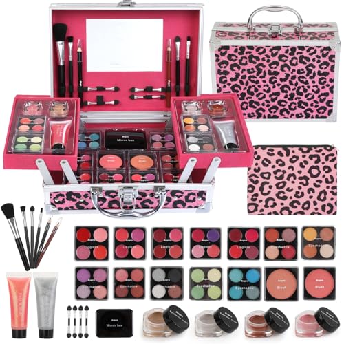 Anpro Schminkset für Mädchen, Kosmetik Geschenkset für Mädchen, All in One Make Up Set mit Lidschatten, Rouge, Lippenstiften und Pinseln Tragbarer Mode-Kosmetikkoffer (Leopard Rose)