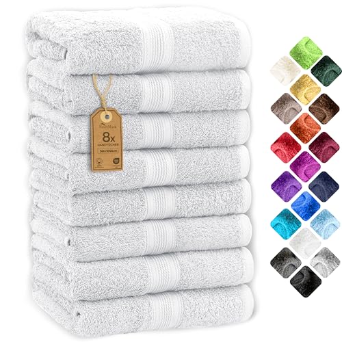 NatureMark 8 Handtücher Set - 100% Baumwolle - Saugfähige und langlebige Handtücher, Größe 50×100 cm, Weiß