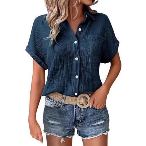 Damen Tshirt，Sommer Button-Down Leinenhemd Oberteile Oversized V Ausschnitt Leinenbluse Bluse Große Größen Leinen Kleidung Musselin Hemd Solide Top