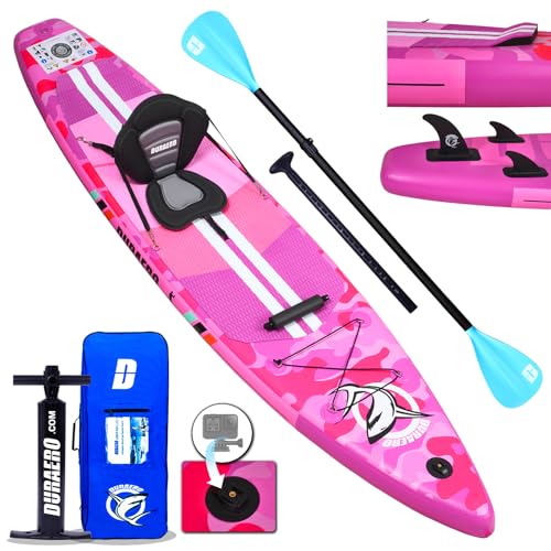 Stand up Paddle Board Aufblasbare SUP Board Set,330x76x15cm,inkl. Kajak Sitz,Cam Halterung,Integrierte Kick-Pad,Verstellbares Doppel-Paddel,3 Finne,Komplettes Zubehör,Tragkraft bis 150Kg,Pink