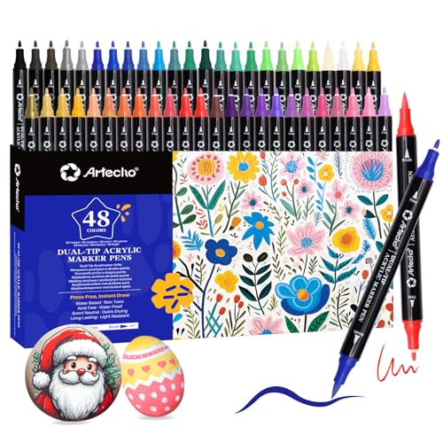Artecho Acrylstifte 48 Farben, 0.5-5mm Wasserfester Dual Tip Marker (Pinsel und feine Spitze), mit doppelten Enden für Rock Painting, Glas, Papier, Holz, Ei, Leinwand, Keramik, Stoff, DIY Crafts
