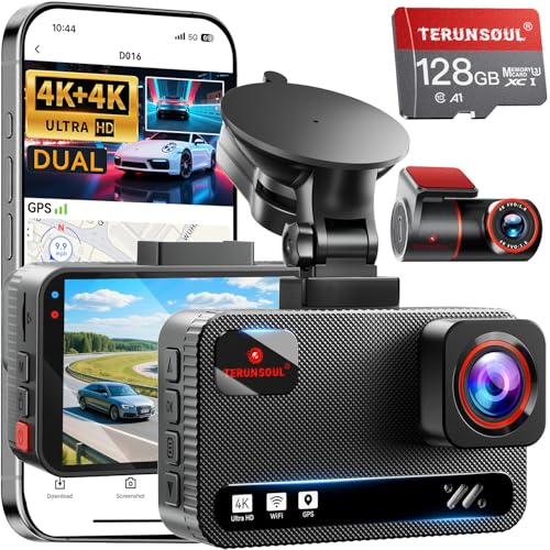 TERUNSOUl Dashcam Auto 4K+4K,Dashcam Auto Vorne Hinten mit 128GB-Karte, 5.8GHz-WiFi, 3