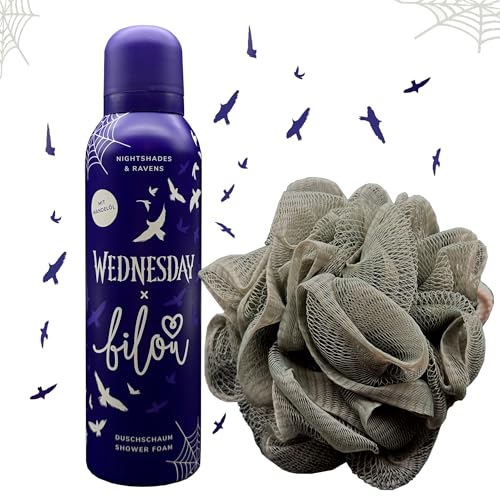 ZweiohrkerZen Dusch Set: 1x bilou Duschschaum 200ml bilou x Wednesday Nightshades & Ravens und 1x ZweiohrkerZen Duschknäul (Wednesday Nightshades & Ravens)