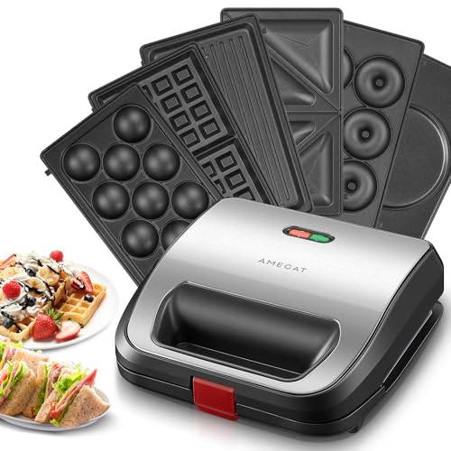 6 in 1 Waffeleisen, Waffle Maker, Multifunktional Sandwichmaker, Kontaktgrill, Panini, süße Küchlein, Antihaftbeschichtete Platten, Doppelseitiges Backen, Automatische Temperaturregelung, 750W