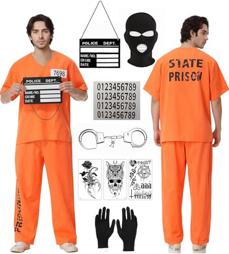 Sträfling Kostüm Herren Damen, Orange Häftling Kostüm Prisoner Costume Herren Damen,mit Sträfling Costume,Namensschild und Handschellen,für Erwachsene Halloween Karneval Gefangener Cosplay