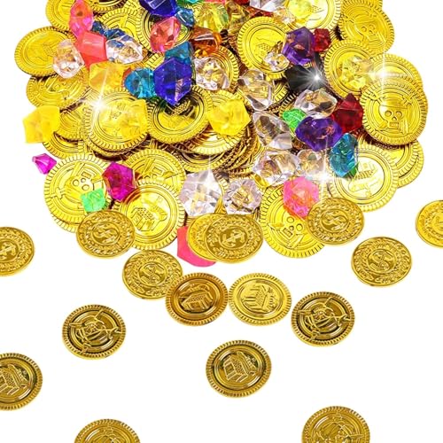 lafo 300 Stück Piratenschatz für Kindergeburtstag: 200 Edelsteine & 100 Goldmünzen – Piraten Deko, Schatzsuche, Schatztruhe