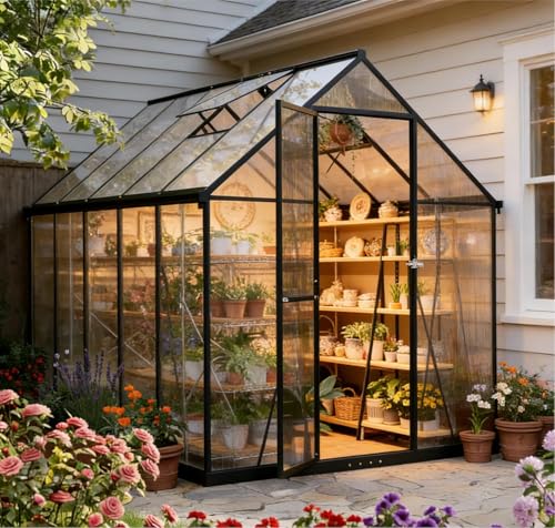 2026 Polycarbonat Gewächshaus Schwarz 281x175x195, Aluminiumrahmen Garten & Terrasse Pflanzenhaus mit Lüftungsfenster, Regenrinnen, Stabil Alle Wetter, Winterfest Außengewächshaus, Tomatengewächshaus