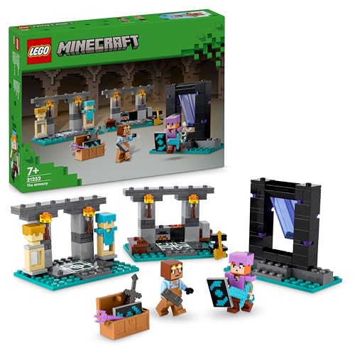 LEGO Minecraft Die Waffenkammer - Spielzeug mit Netherportal, inkl. Alex & Waffenschmied Figuren -Zubehör wie Goldaxt, Schwerter & Schild - Gamer Geschenk für Jungen & Mädchen ab 7 Jahren - 21252