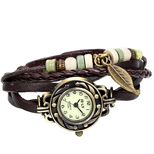 JewelryWe Damen Armbanduhr, Retro geflochten Leder Armband Armreif Armkette Uhr mit Baum Blatt Anhänger, Braun Bronze