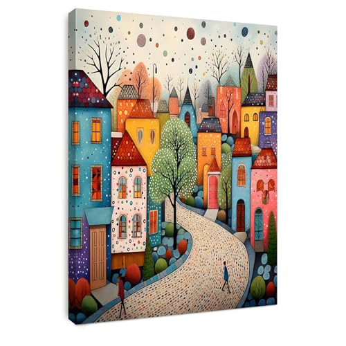Alptiny Gerahmtes Wandbild 30×40 cm Bunte Stadtlandschaft Leinwandbilder für Wohnzimmer Schlafzimmer Küche Büro Vintage Wandbild mit Haken Nägeln und magischer Klettbefestigung sofort aufhängbar