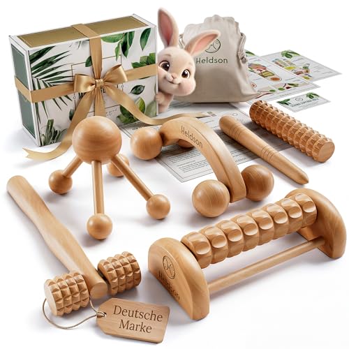 HELDSON® Massage Set Holz [6 Teile] FSC®100% - Diverse Massagegeräte & Massage Roller - Fußmassage, Kopfmassage, Triggerpunkt Drücker - Entspannung - Ostern Geschenke - Anti Cellulite, Stress