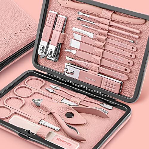 Leipple Maniküre Set Professionelles Nagelknipser Kit Pediküre Kit -18 stücke Pflegeset aus Edelstahl Nagelpflege Werkzeuge mit luxuriöser Leder Reisetasche (Rosa)