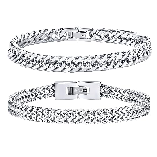 Herren Armband Edelstahl Armbänder Panzerkette - 2 Stücke Silber Herrenarmbänder für Männer Jungs Kubanische Armband 8mm Breite 19cm Länge Geschenke für Papa Sohn Bruder Freundschaft Ehemann